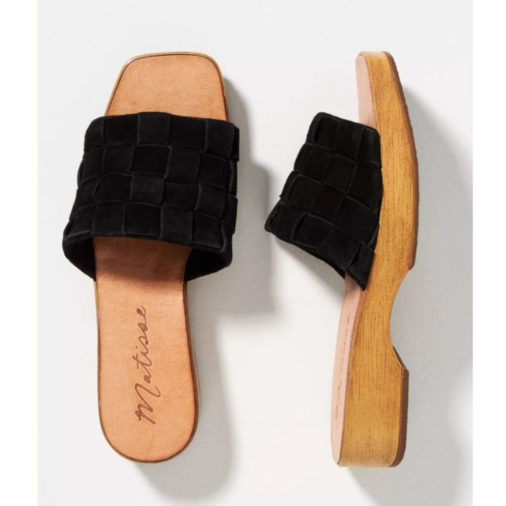Anthropologie Matisse Hamptons Clogs Wooden Black Suede Square Toe Sandals 8M